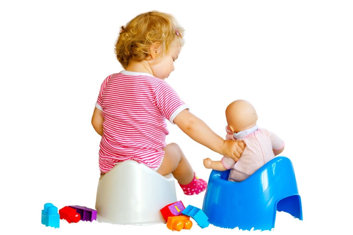 Close-up of cute little 12 months old toddler baby girl child sitting on potty. Kid playing with doll toy. Toilet training concept. Baby learning, development steps