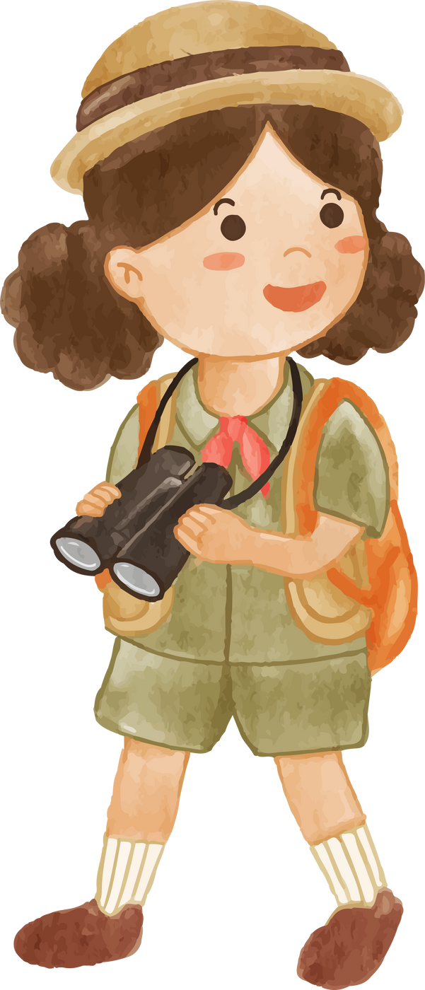 Girl scout with hiking suit look through binoculars . Realistic watercolor painting .